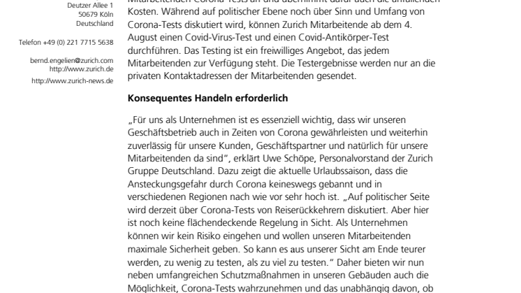 Konsequentes Handeln: Kostenlose Corona-Tests für Zurich Mitarbeitende  