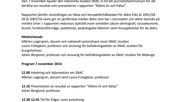 PRESSINBJUDAN: Seminarium om SNAC – en nationell studie om äldres liv och hälsa