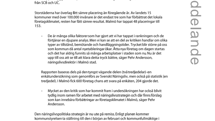 Storstäder tappar i näringslivsrankning