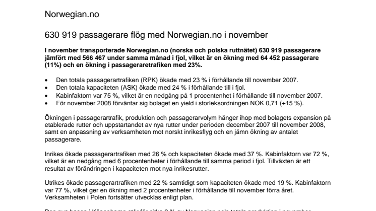 731 131 passagerare flög med Norwegian i november