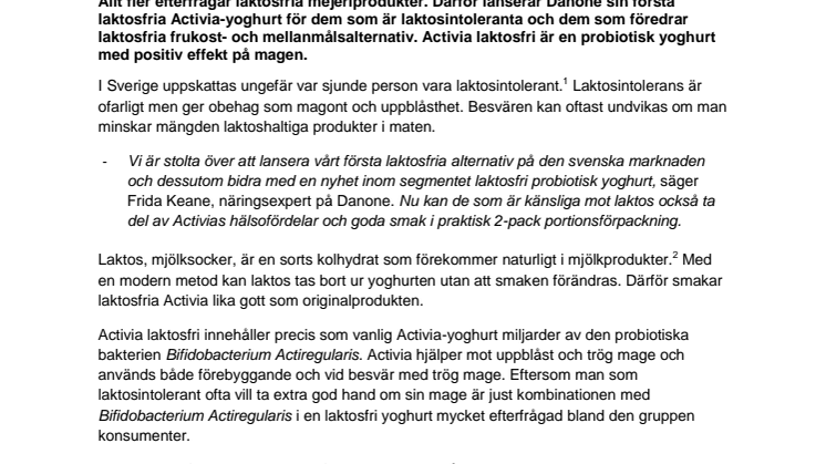 Laktosfritt i portionsförpackning! Danone lanserar Activia laktosfri probiotisk yoghurt i tre goda smaker