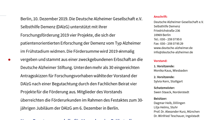 Forschung zum frühen Stadium der Alzheimer-Demenz: Deutsche Alzheimer Gesellschaft vergibt Forschungsförderung