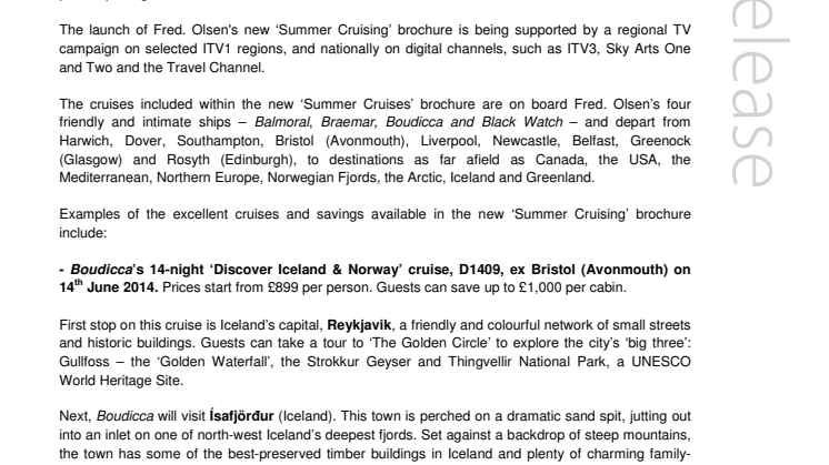 Savings of up to £1,000 per cabin in Fred. Olsen Cruise Lines’ new ‘Summer Cruises’ brochure