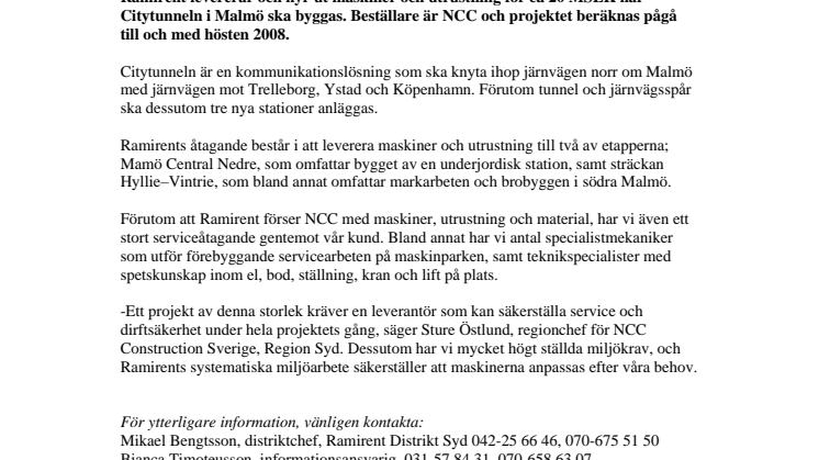 Citytunneln i Malmö byggs med maskiner från Ramirent