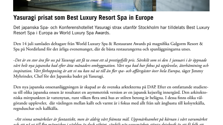 Yasuragi prisat som Best Luxury Resort Spa in Europe