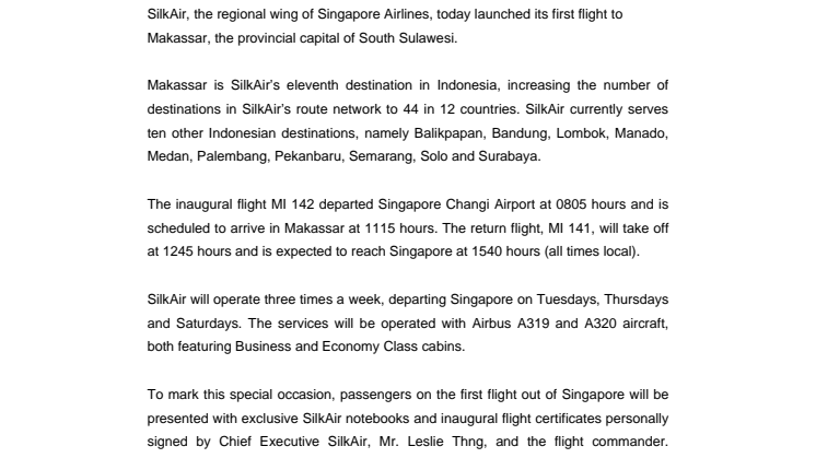 SilkAir Launches Service to Makassar