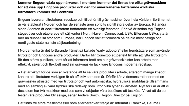 Engcon låter tiltrotatorn stå i centrum på årets största maskinmässa Conexpo i USA