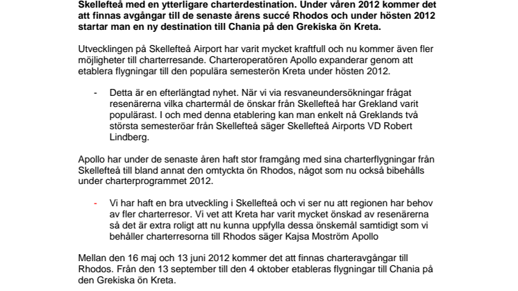 Apollo etablerar ny charterdestination från Skellefteå Airport