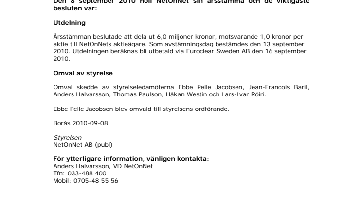 Kommuniké efter årsstämma i NetOnNet AB (publ)