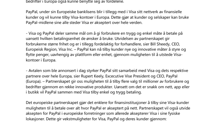 Visa og PayPal utvider partnerskapet til Europa