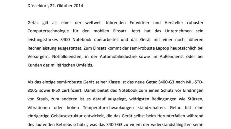  NEUES S400-G3 NOTEBOOK: GETAC SETZT NEUE STANDARDS IM BEREICH DER SEMI-ROBUSTEN COMPUTERTECHNOLOGIE 