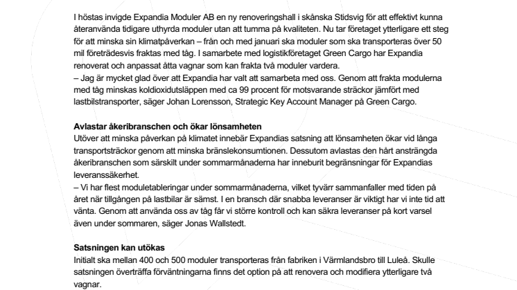 Modultransporter med tåg minskar Expandias utsläpp