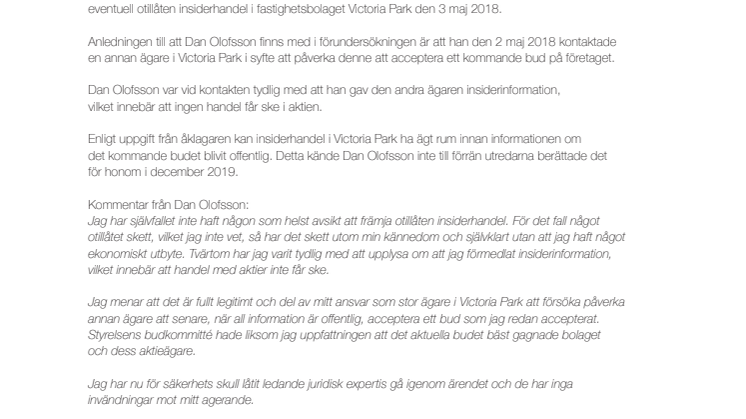 Kommentar med anledning om utredning beträffande Victoria Park