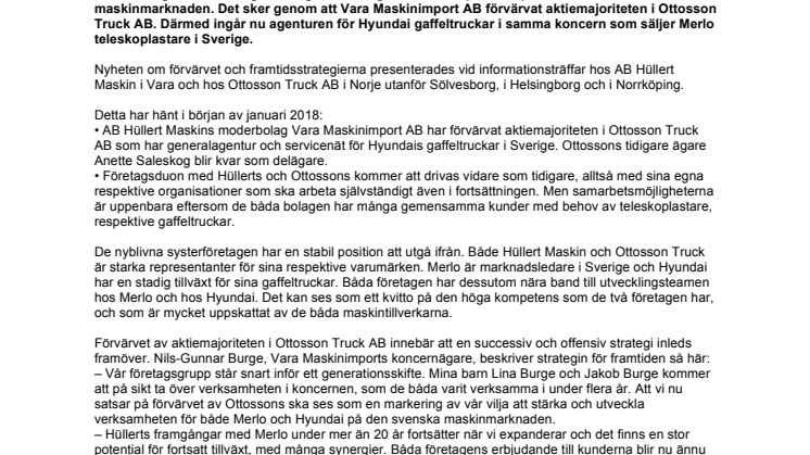 Agenturerna för Hyundai Forklifts och Merlo nu i samma koncern