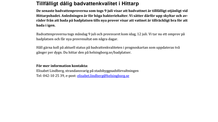 Tillfälligt dålig badvattenkvalitet i Hittarp
