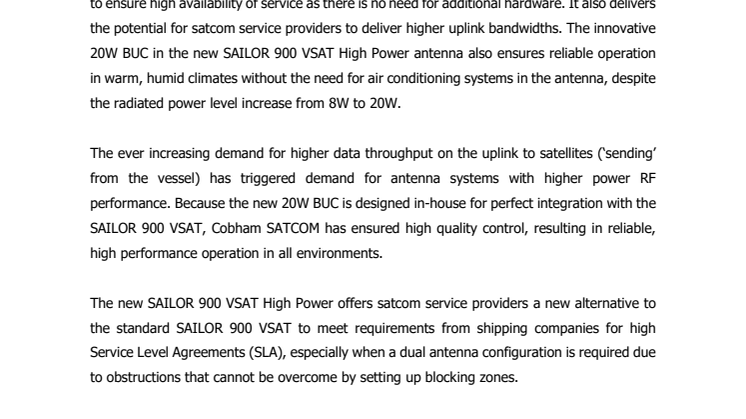 Cobham SATCOM: SAILOR 900 VSAT High Power Launches