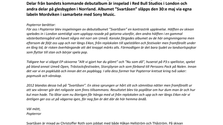 Norrlandsbandet Popterror släpper debutalbumet ”Svartåsen”