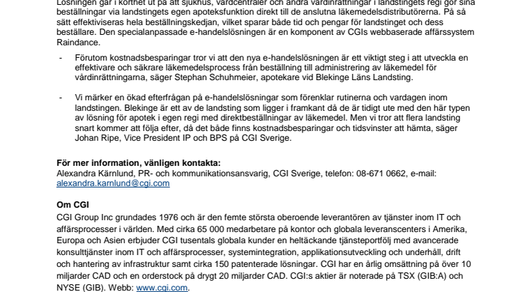 Landstinget Blekinge förenklar apoteksbeställningar genom e-handelslösning från CGI 