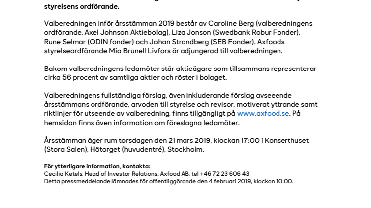 Valberedningens förslag till styrelse i Axfood