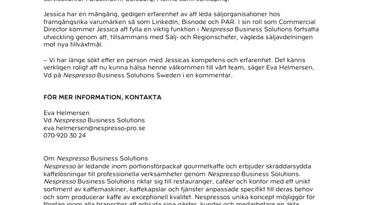 Nespresso Business Solutions välkomnar Jessica Sandberg