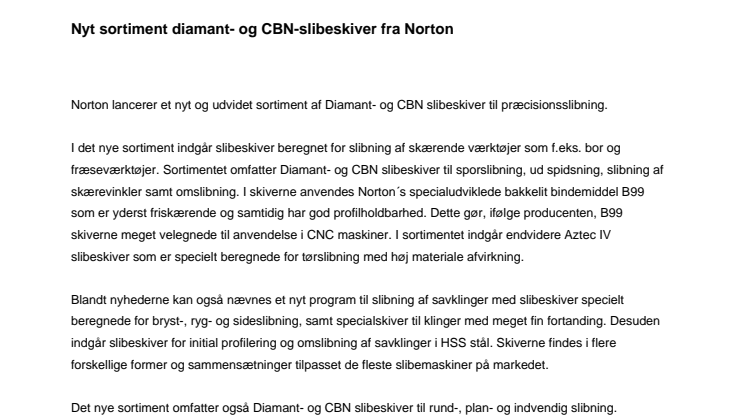 Nyt sortiment diamant- og CBN-slibeskiver fra Norton