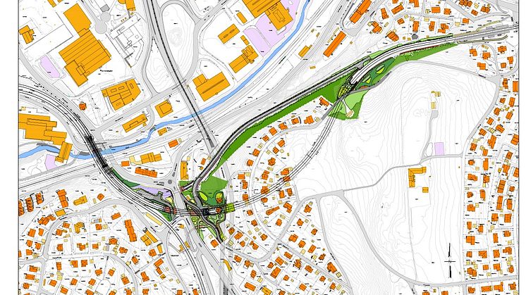 Kartet viser prosjektområdet for Østensjøbane-prosjektet, fra Brynseng i vest til Hellerud i øst.