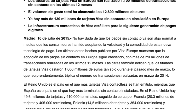 Los titulares de tarjetas de Visa Europe realizaron más de 1.000 millones de transacciones contactless el año pasado