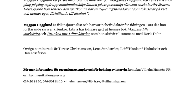 Bokaktuella Maggan Hägglund nominerad till årets Frilanspris