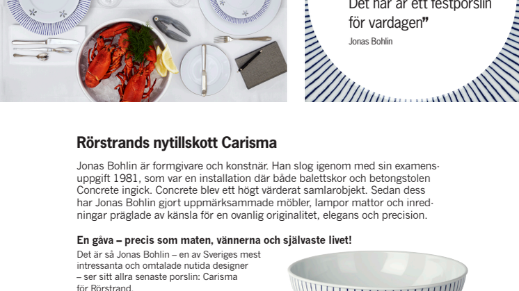 Rörstrand välkomnar nya serien Carisma formgiven av Jonas Bohlin