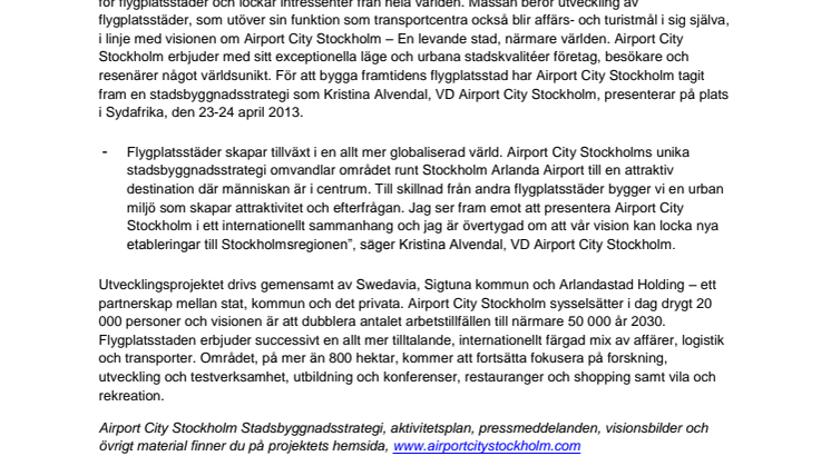 Airport City Stockholm till The Airport Cities Conference & Exhibition 2013
