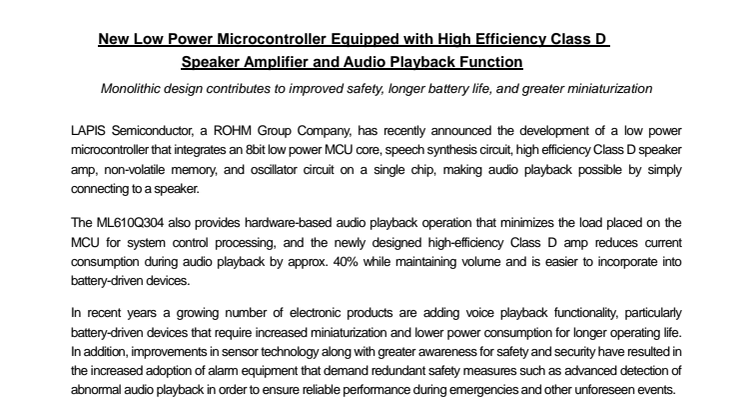 ​Low Power Microcontroller Equipped with High Efficiency Class D Speaker Amplifier and Audio Playback Function -- Monolithic design contributes to improved safety, longer battery life, and greater miniaturization