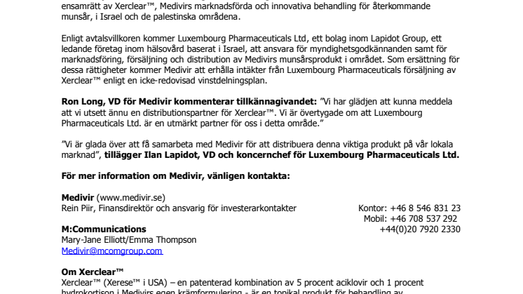 Medivir utser Luxembourg Pharmaceuticals som distributör för Xerclear™ i Israel 