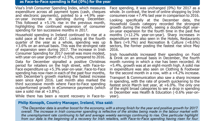 Irish consumer spending for 2017 finishes on a high with +4.9% year-on-year growth in December