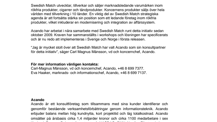 Swedish Match väljer Acando för implementering och utrullning av affärssystem