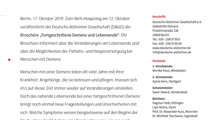 Neue Broschüre gibt wichtige Informationen zum Lebensende bei Demenz