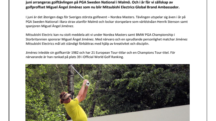 Mitsubishi Electric sponsrar Miguel Ángel Jiménez under Nordea Masters