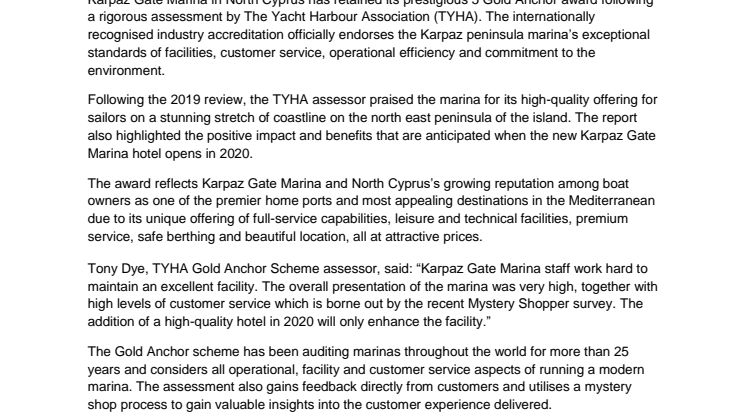 Karpaz Gate Marina Retains 5 Gold Anchor Status