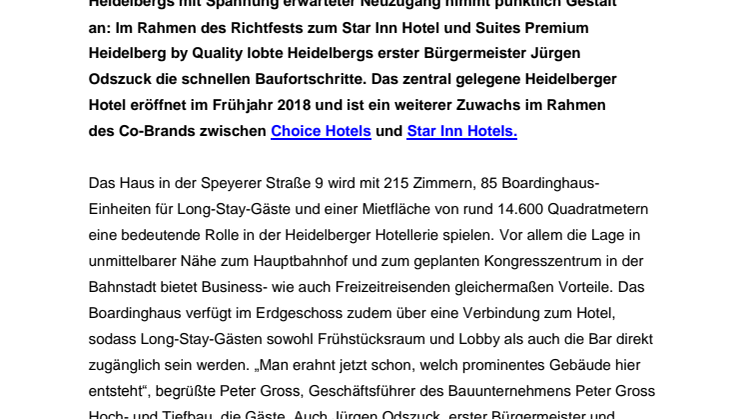 Richtfest in Heidelberg: neues Star Inn Hotel Premium, by Quality voll im Plan