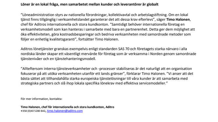 Aditro stärker sin position som leverantör av HR-hantering och lönetjänster till stora och internationella företag
