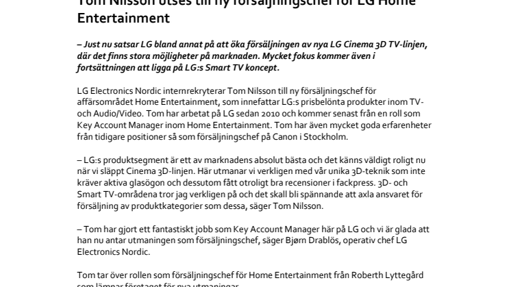 Tom Nilsson utses till ny försäljningschef för LG Home Entertainment