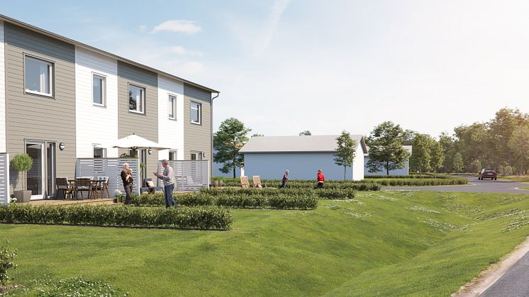 Illustration av trädgårdssida på radhusen i BoKlok Fritiden i Lindbacka. Alla hus har altan och egen trädgård.
