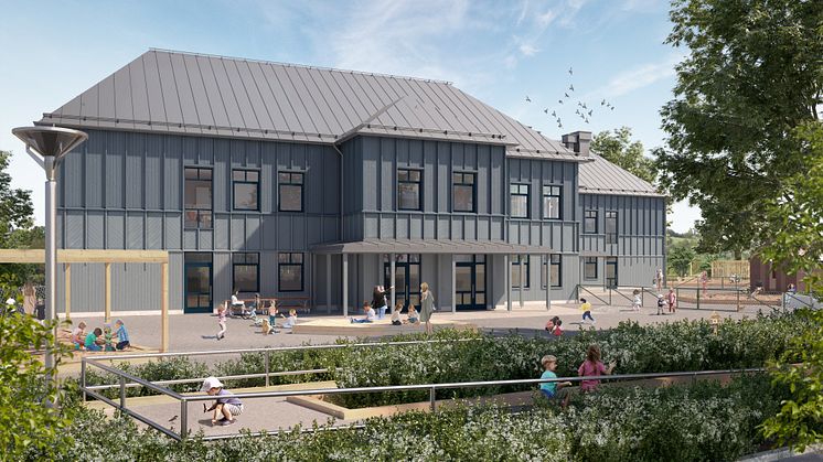 Välkommen till öppet hus på Ljungs-Hälle förskola och ta del av hur bygget växer fram! Bilden är en idéskiss av Ljungs-Hälle förskola, illustration Hemsö/Okidoki Arkitekter. 