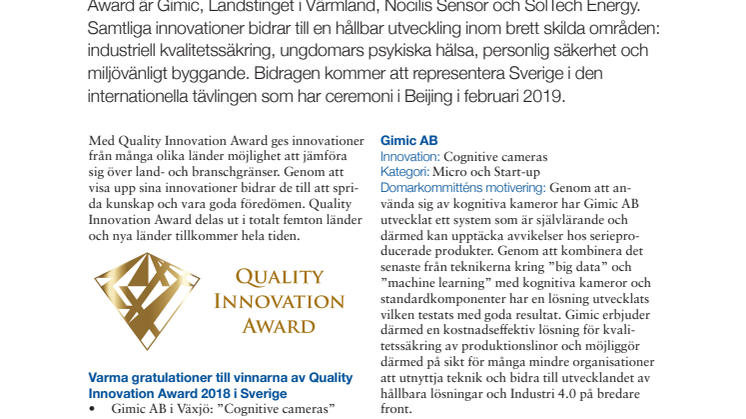 Quality Innovation Award vinnare 2018