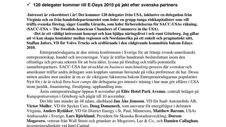 Entreprenörsdagarna i Göteborg 8-10 nov - Rekordstort amerikanskt intresse