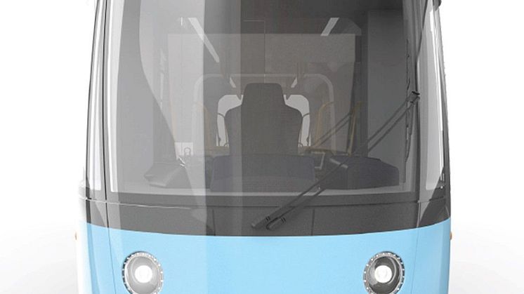 Bildet viser en skisse av den nye SL18-trikken. Snart kommer en fullskalamodell av trikken til Rådhusplassen.