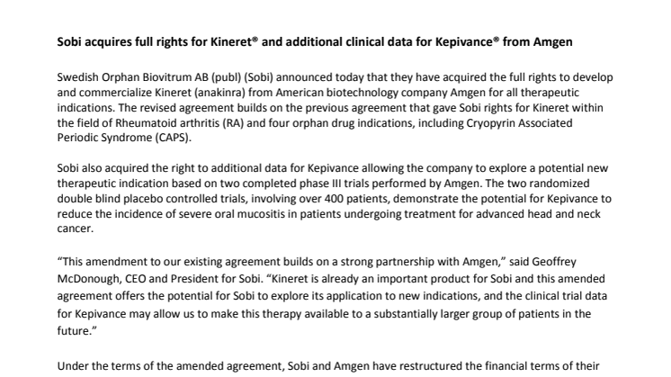 Sobi acquires full rights for Kineret® and additional clinical data for Kepivance® from Amgen