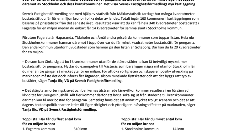 Ny kartläggning visar: Här får du mest kvadratmeter bostadsrätt  för pengarna