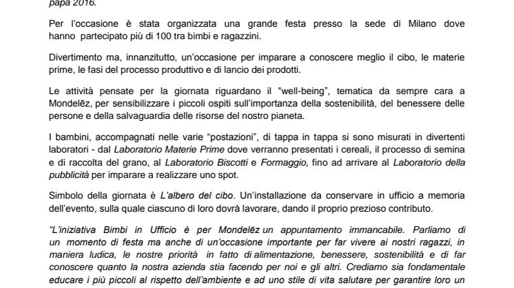 12 anni di Bimbi in ufficio per il gruppo Mondelēz in Italia “Alla scoperta del cibo”