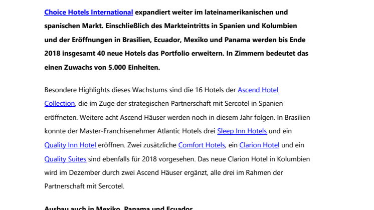Choice Hotels legt in Lateinamerika und Spanien nach:  40 Eröffnungen für 2018