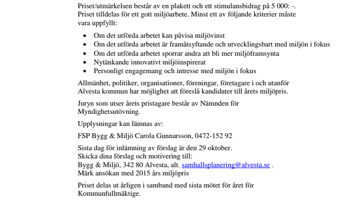 Kriterier miljöpris